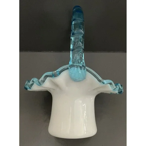 Fenton Basket Aqua Blue Crest Milk Glass‎ Ruffle Edge Bamboo Handle Top Hat VTG - Picture 10 of 13